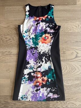 GUESS Black Panel Mini Dress with Multicolor Floral Print XS